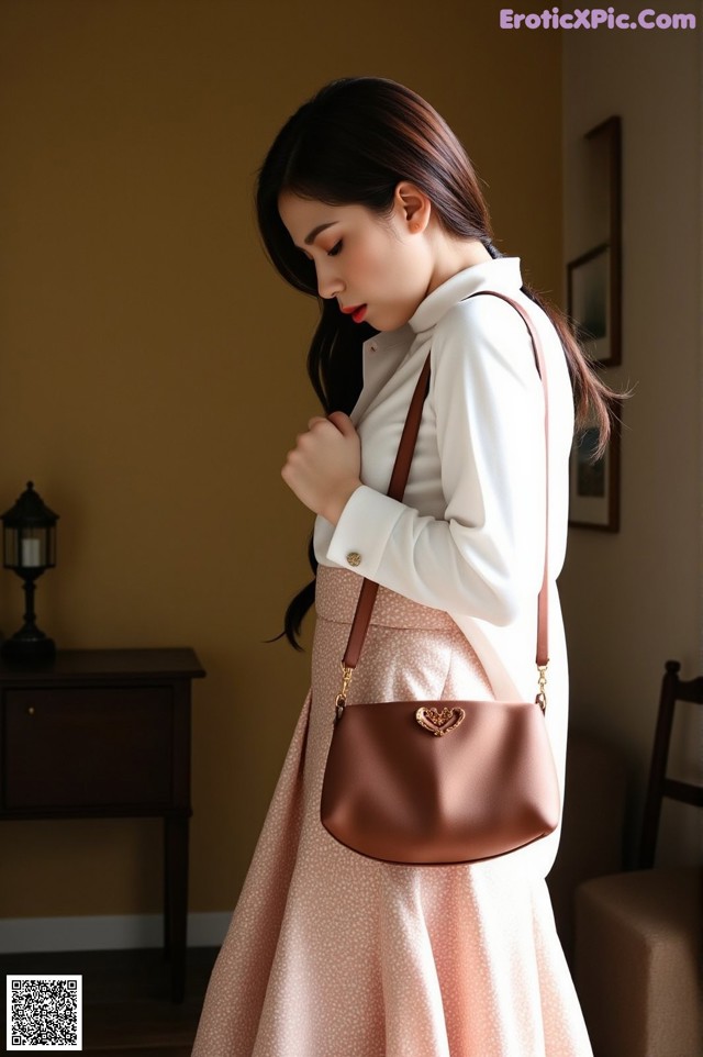 A woman in a white shirt and a pink skirt holding a brown bag.
