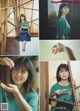 A collage of photos of a young woman in a green shirt.