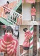 A collage of photos of a woman in a red and white striped sweater.