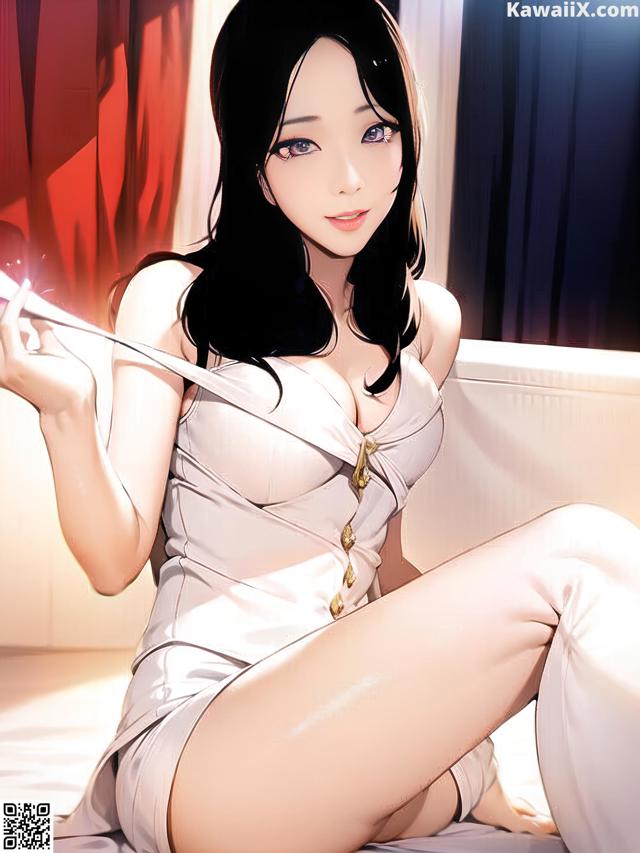 A woman in a white dress sitting on a bed.