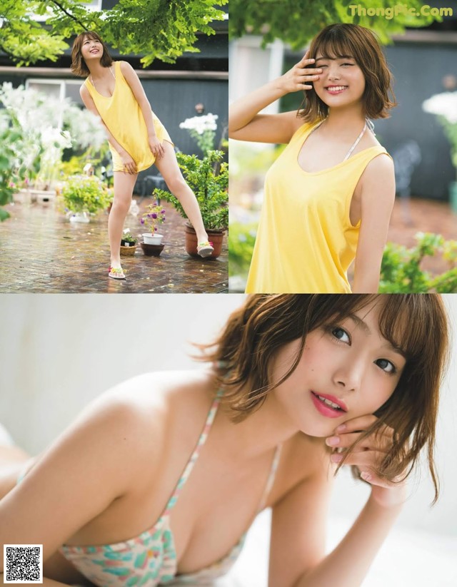 A woman in a yellow tank top posing for a picture.